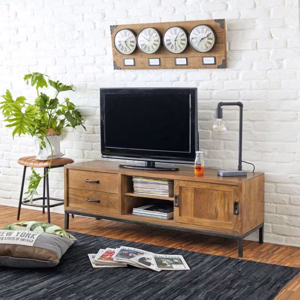 Meuble TV 1 porte et 2 tiroirs en manguier et métal