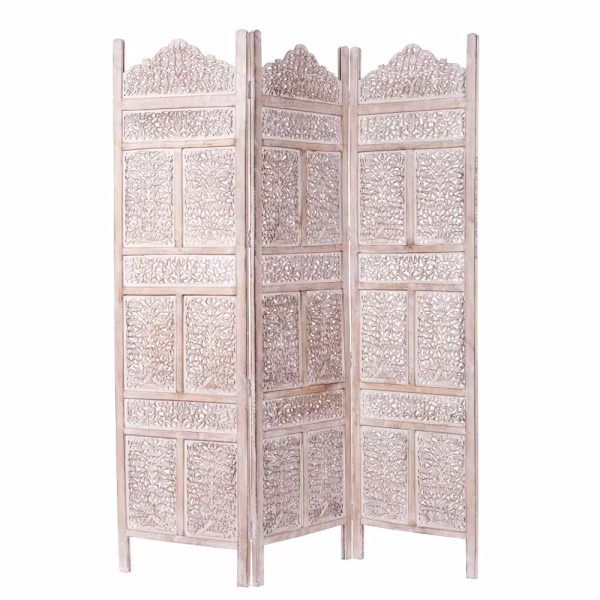 Paravent Inde 3 pans sculpté et blanchi
