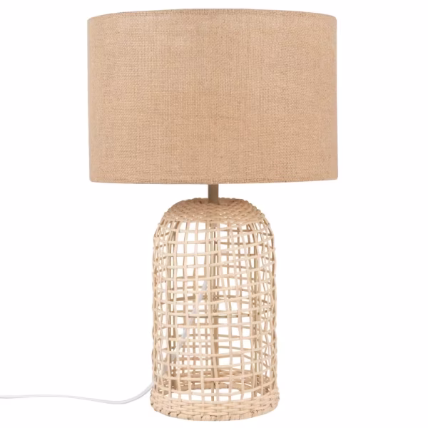 Lampe en rotin tressé et abat-jour en lin beige