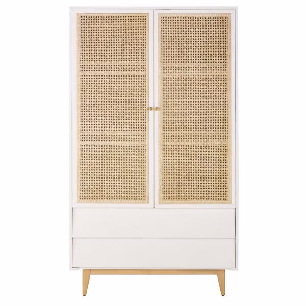 Armoire 2 portes 2 tiroirs blanc et cannage en rotin