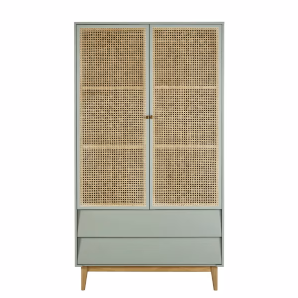 Armoire 2 portes 2 tiroirs gris et cannage en rotin