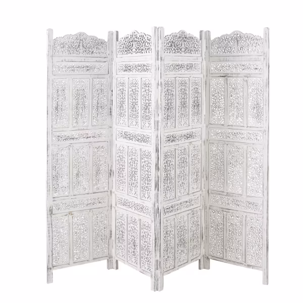 Paravent Inde 4 pans sculpté et blanchi