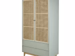 Armoire 2 portes 2 tiroirs gris et cannage en rotin